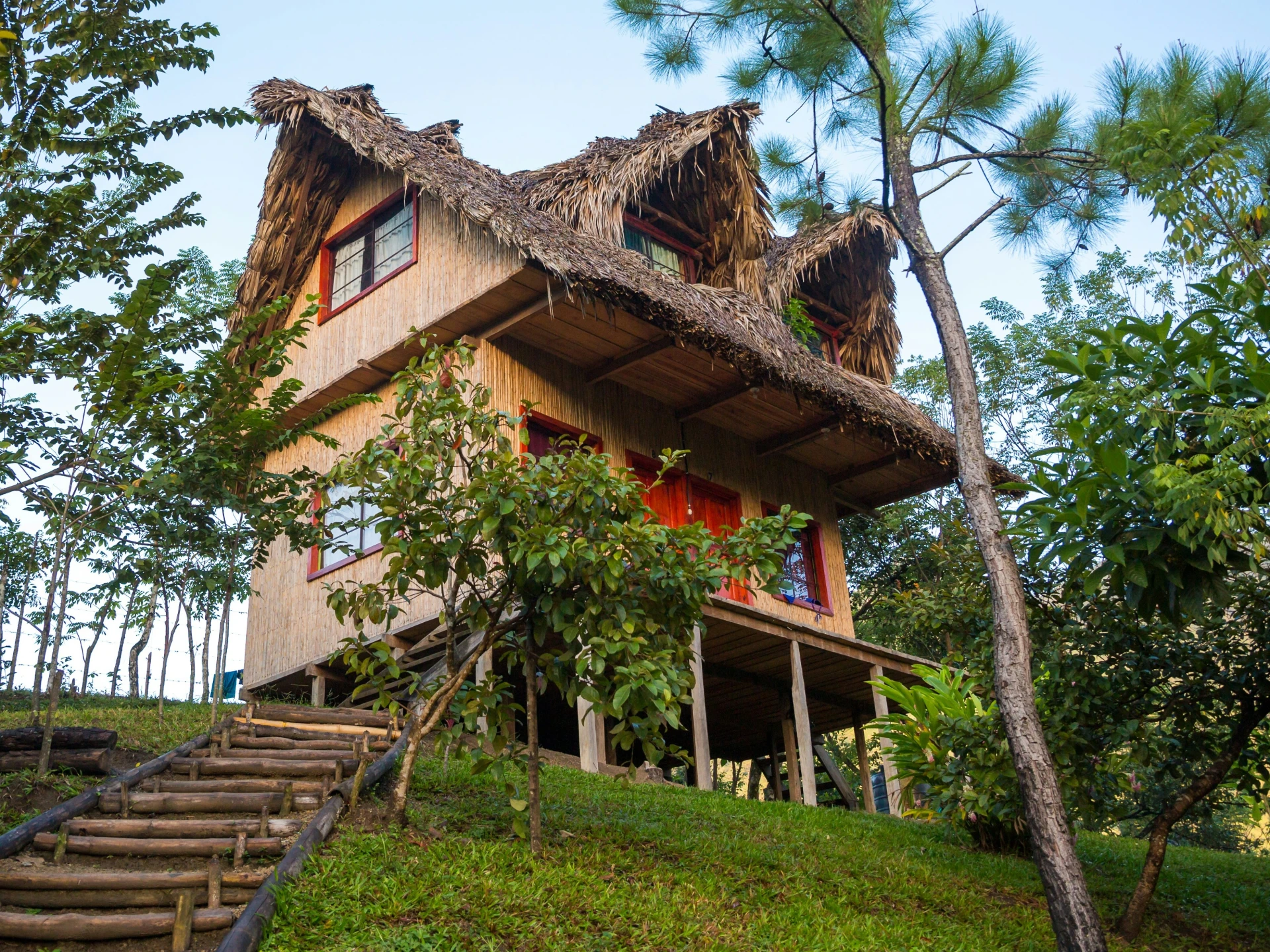 houten huis met rieten dak