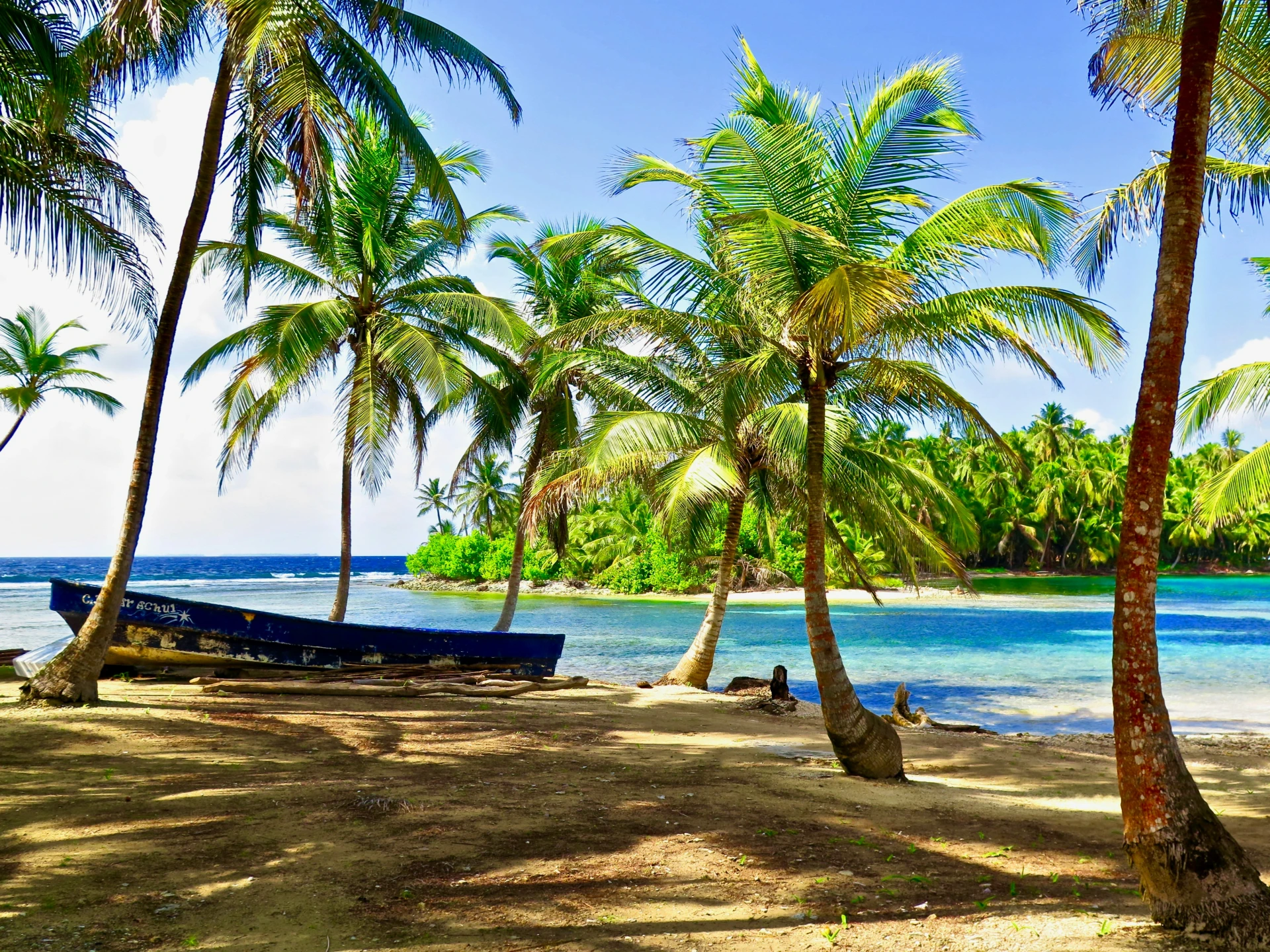 boot op het strand met palmbomen